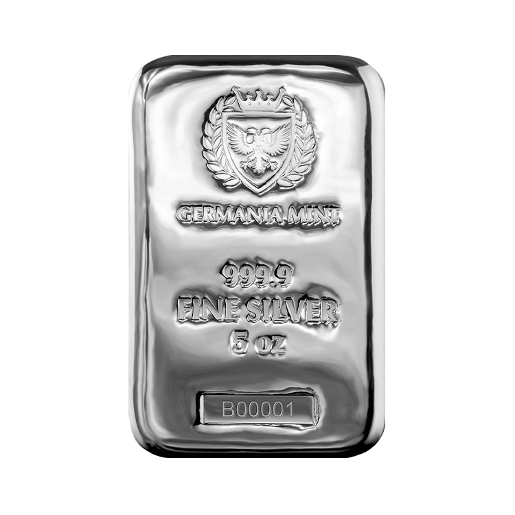 5 troy ounce zilverbaar Germania Mint voorkant