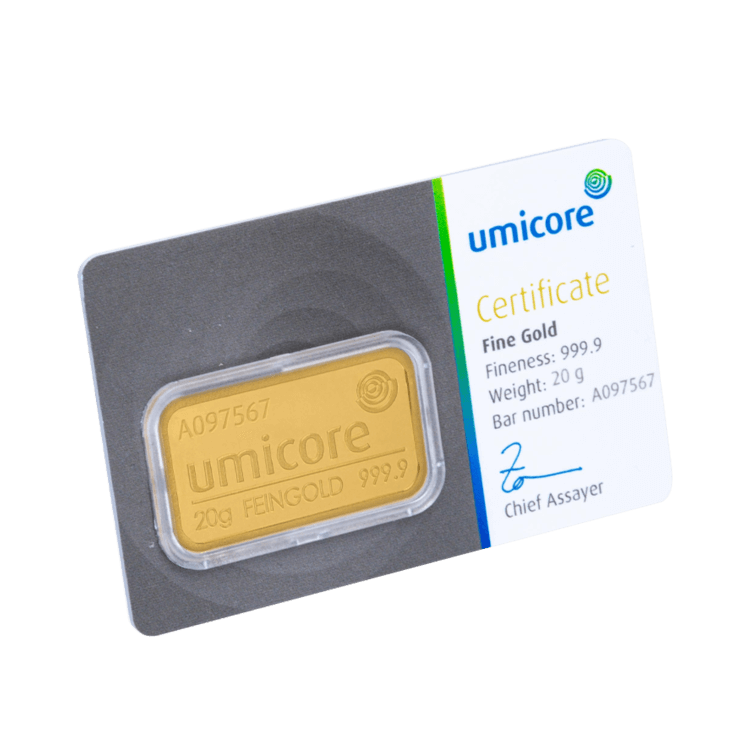 Voorzijde 20 gram Umicore goudbaar