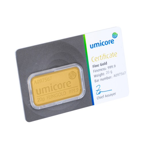 Voorzijde 20 gram Umicore goudbaar