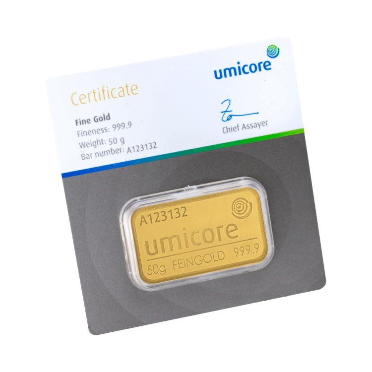 Echtheidscertificaat Umicore goudbaar 50 gram