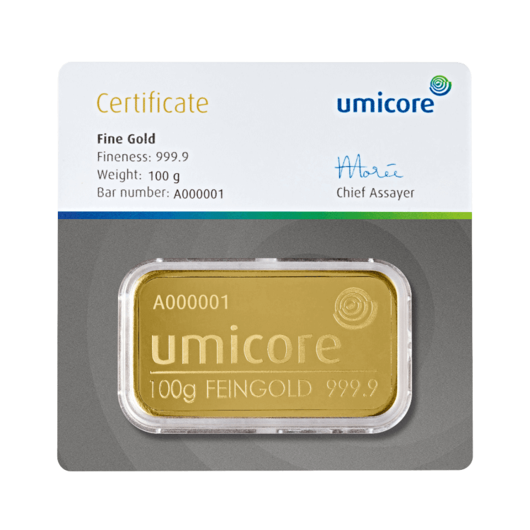 100 gram Umicore goudbaar met certificaat