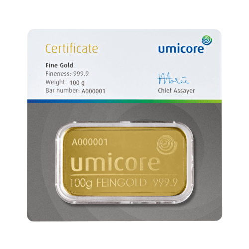 100 gram Umicore goudbaar met certificaat