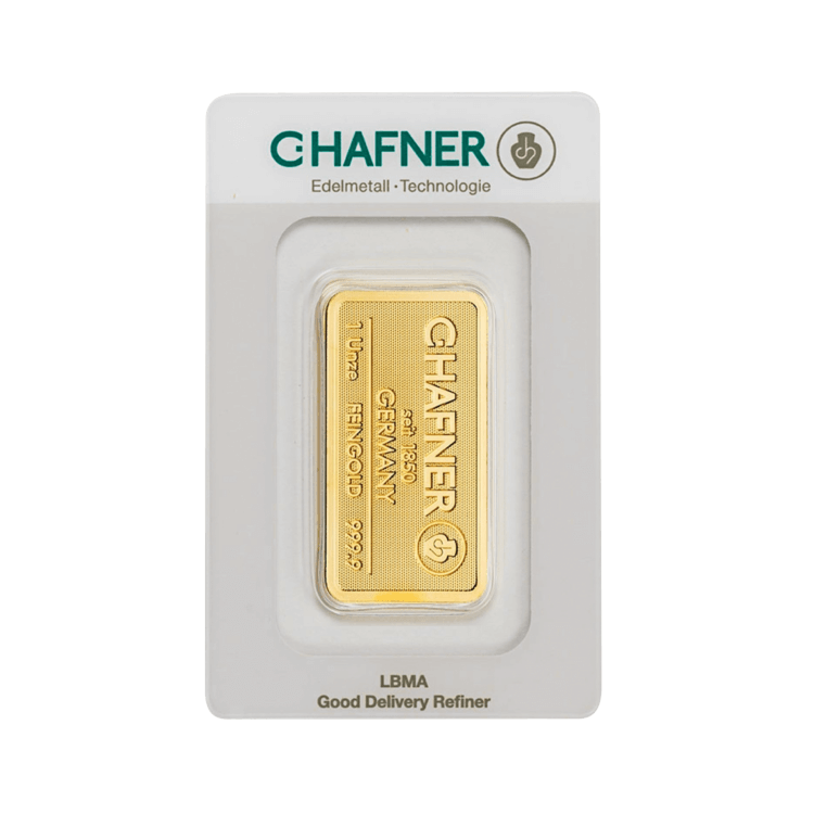 C. Hafner 1 oz goudbaar verpakking