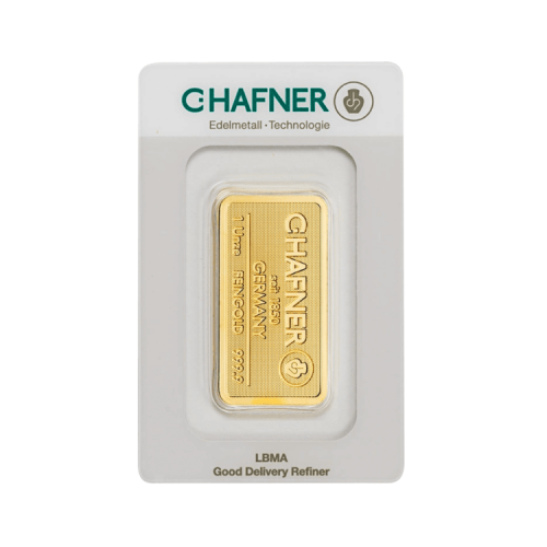 C. Hafner 1 oz goudbaar verpakking