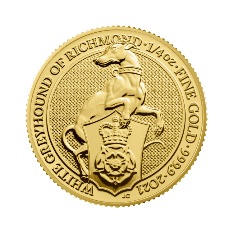 1/4 troy ounce gouden munt Queens Beasts White Greyhound voorkant