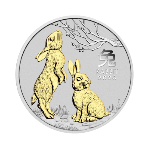 1 troy ounce zilveren munt Lunar 2023 verguld voorkant