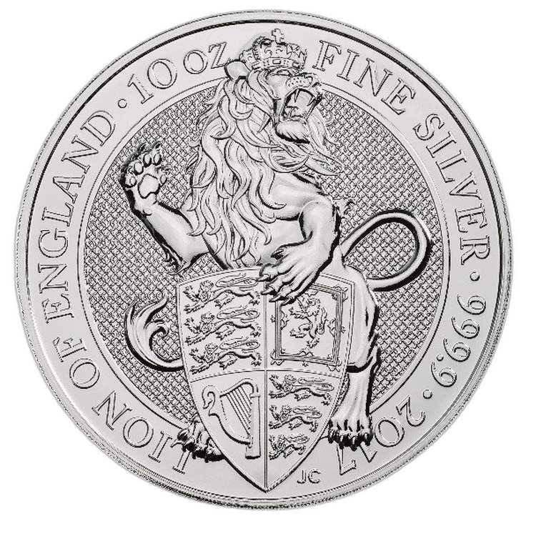 10 troy ounce zilveren Queen's Beast Lion of England munt voorkant