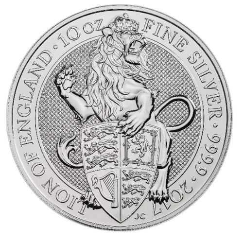 10 troy ounce zilveren Queen's Beast Lion of England munt voorkant