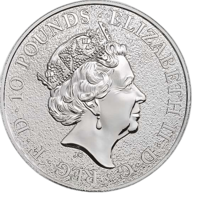 10 troy ounce zilveren Queen's Beast Lion of England munt achterkant