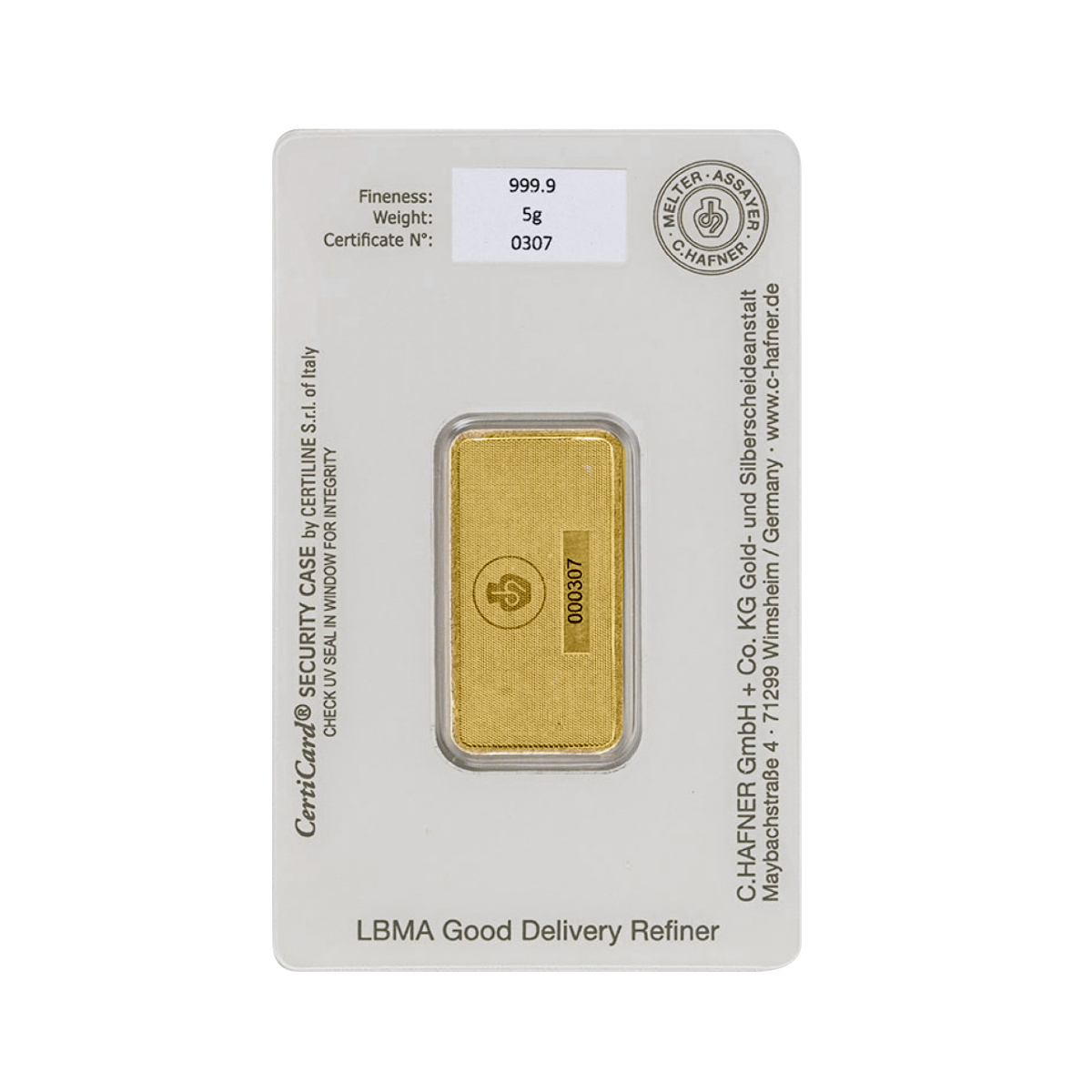 C. Hafner goudbaar 5 gram achterkant