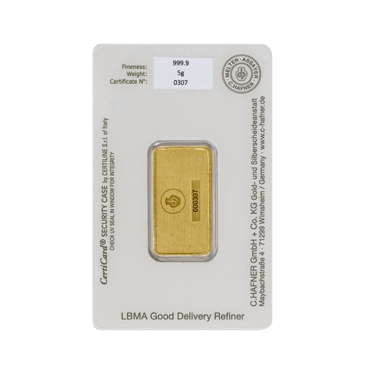 C. Hafner goudbaar 5 gram achterkant