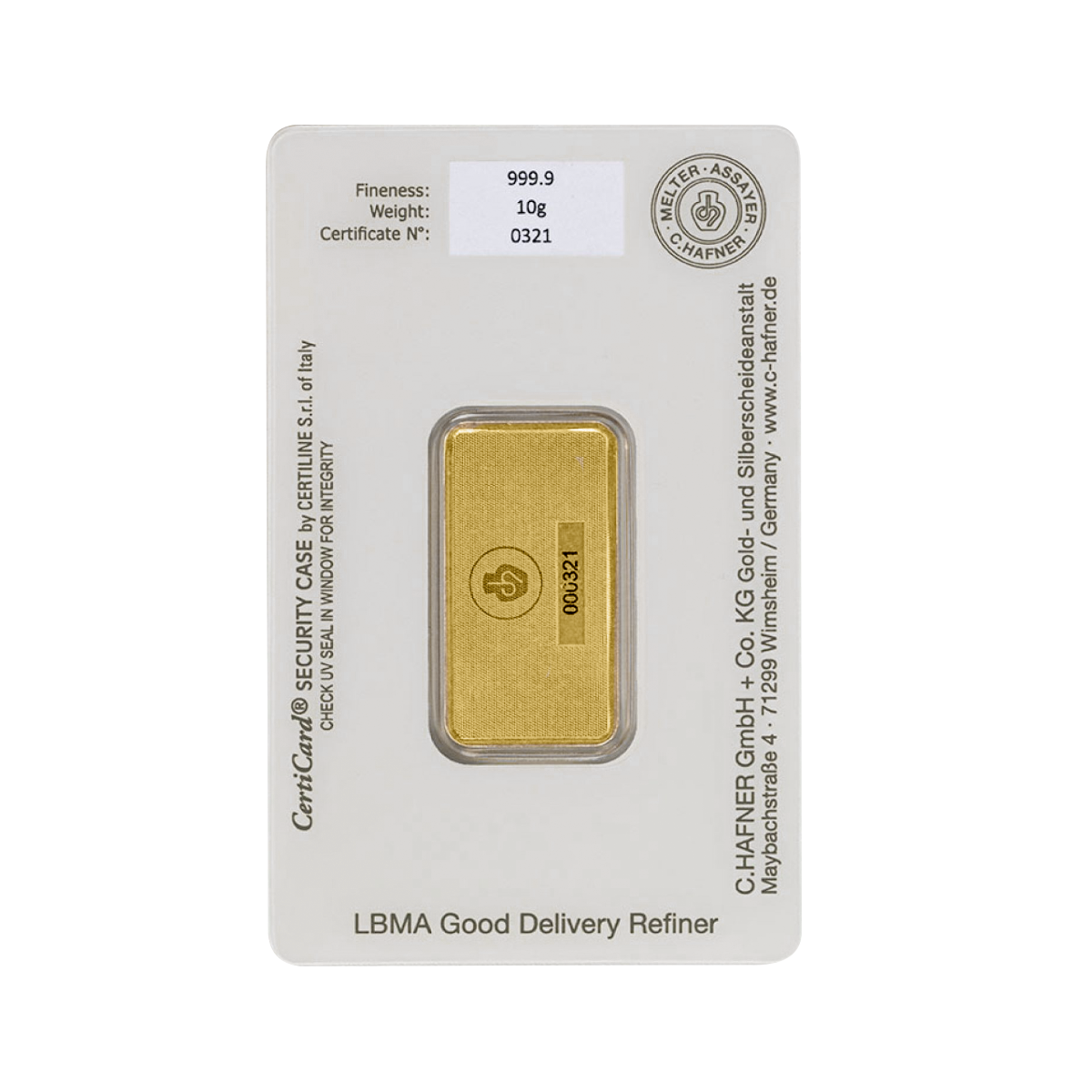 Achterzijde C. Hafner goudbaar 10 gram
