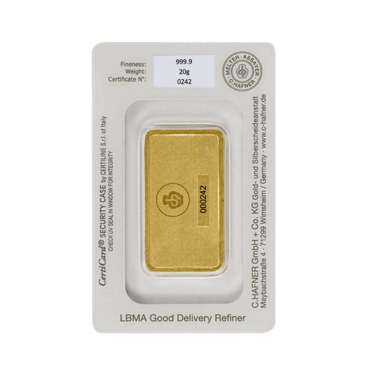 Achterkant 20 gram C. Hafner goudbaar