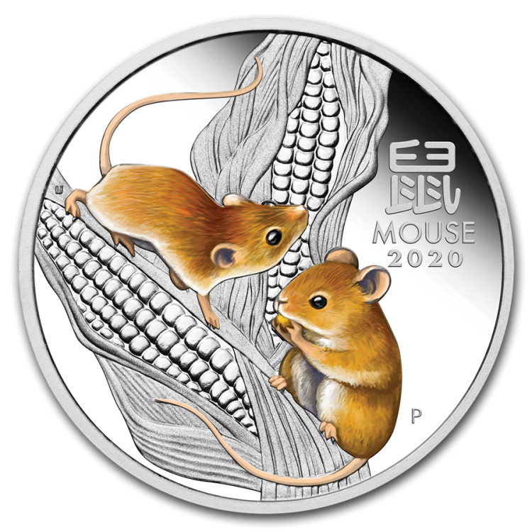 1 Troy ounce silver coin Lunar Year of the Mouse 2020 colored angle 1