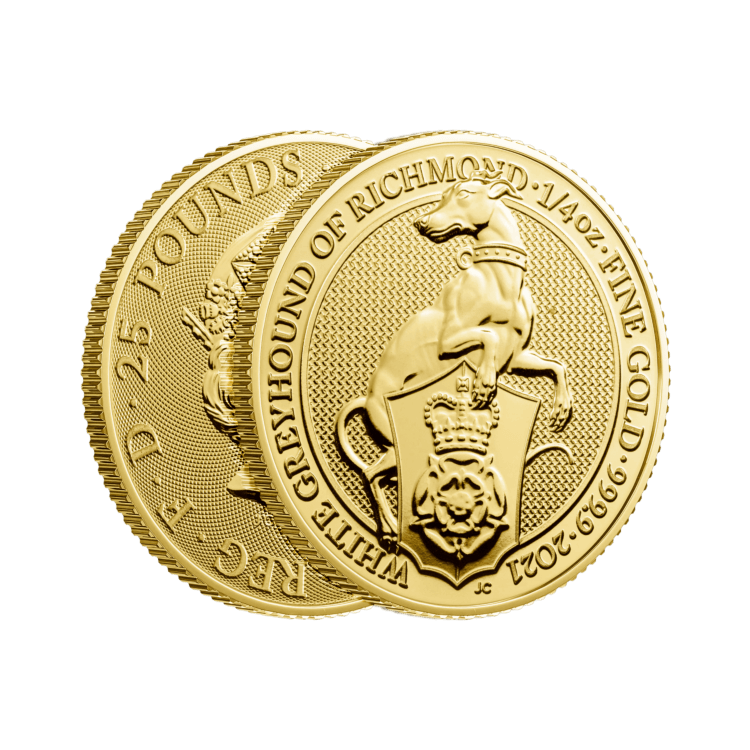 1/4 troy ounce gouden munt Queens Beasts White Greyhound perspectief 1