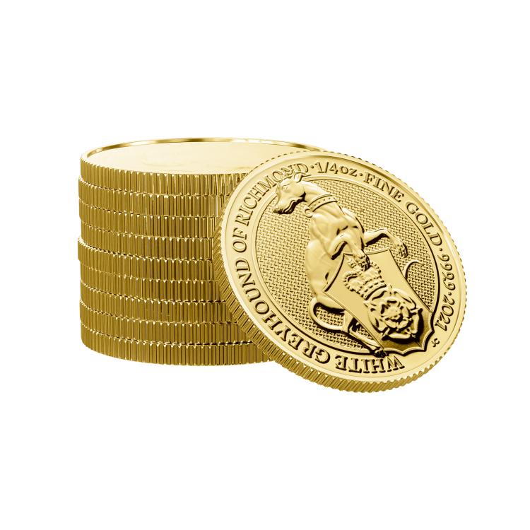 1/4 troy ounce gouden munt Queens Beasts White Greyhound perspectief 2