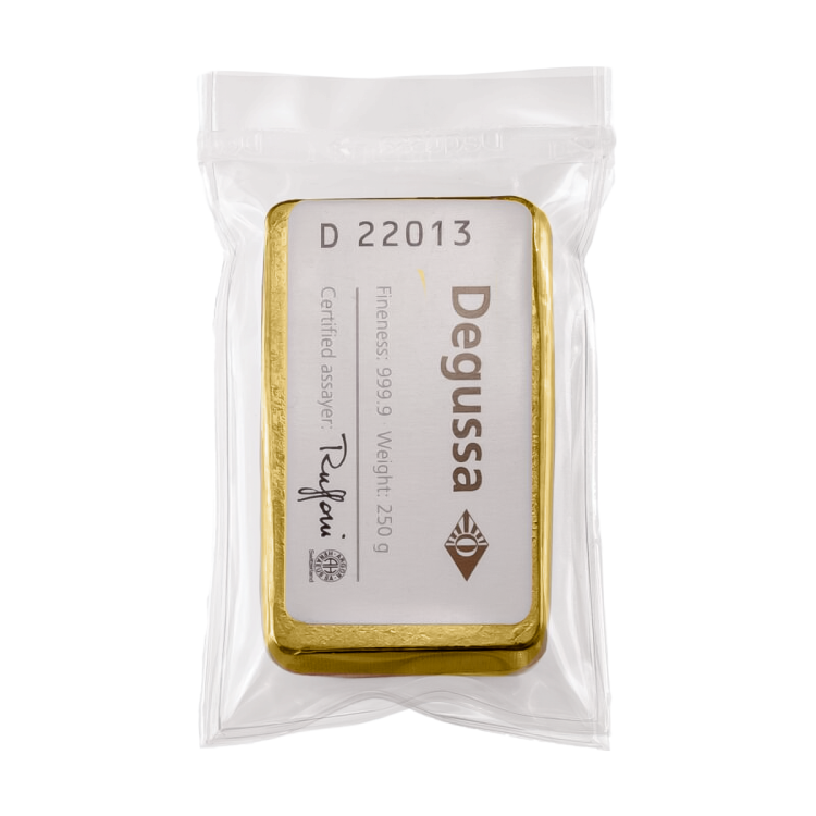 Certificaat Goudbaar 250 gram Degussa