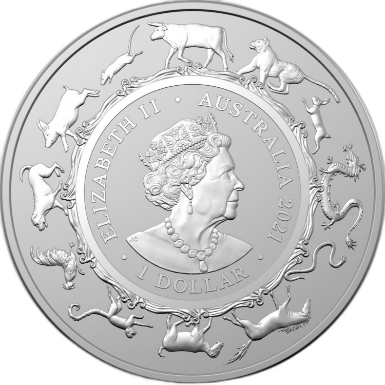 1 troy ounce zilveren munt Lunar RAM serie Os 2021 achterkant