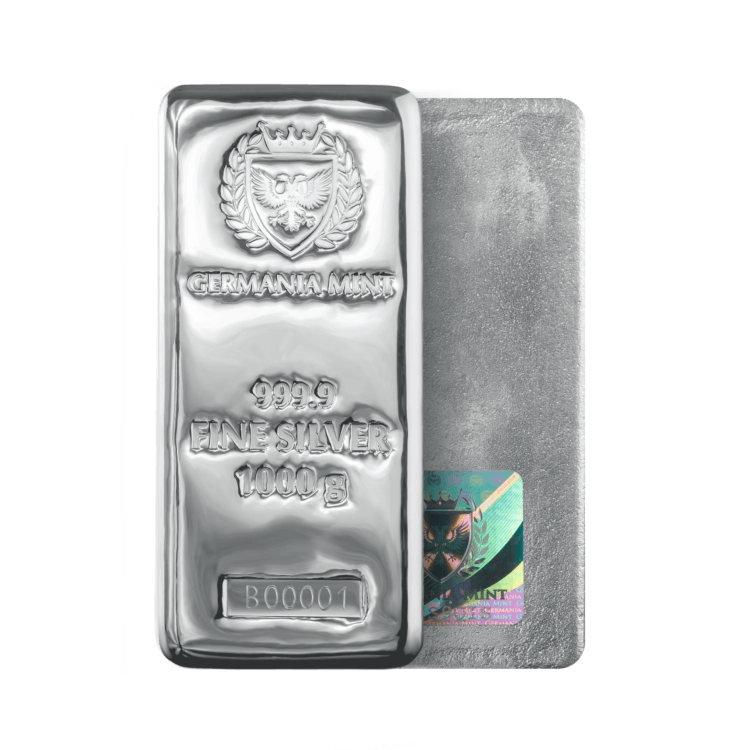 1 kilogram zilverbaar Germania Mint perspectief 1