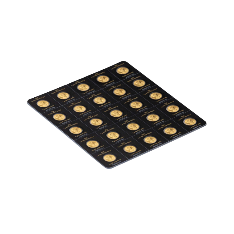 25x 1 gram gouden munt Maple Leaf 2026 achterkant