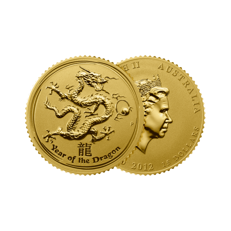 1/10 troy ounce gouden Lunar munt Year of the Dragon 2012 perspectief 1