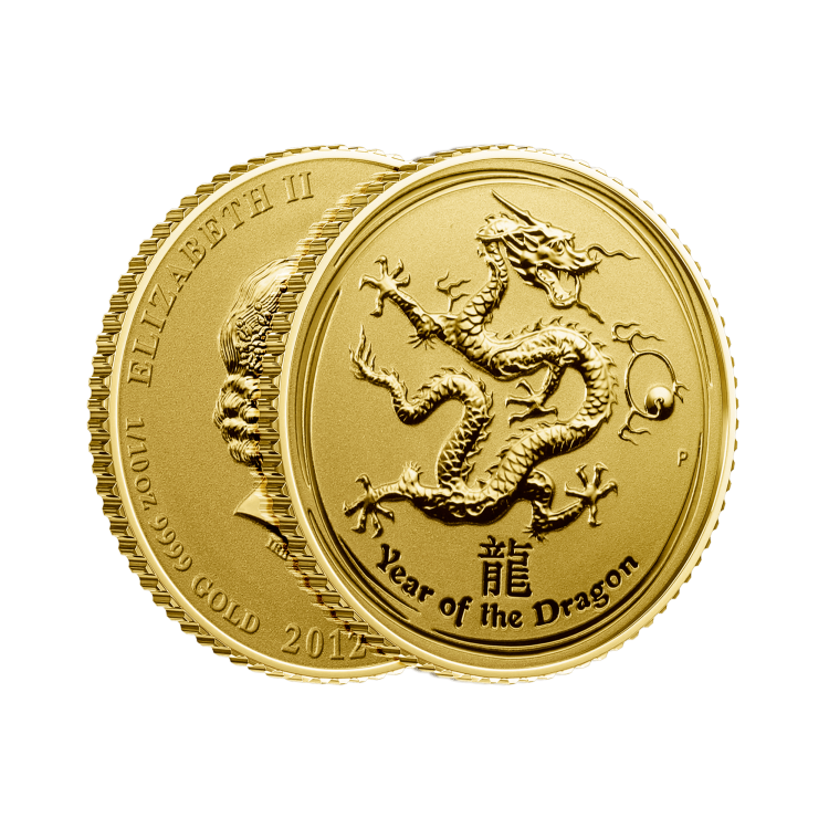 1/10 troy ounce gouden Lunar munt Year of the Dragon 2012 perspectief 2