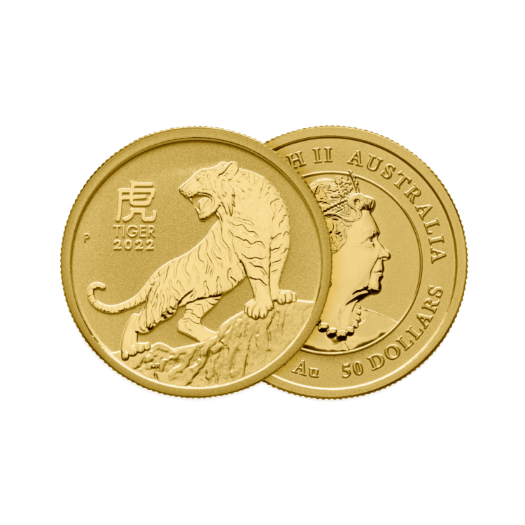 1/2 troy ounce gouden Lunar munt Year of the Tiger 2022 perspectief 1