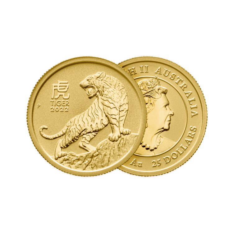 1/4 troy ounce gouden Lunar munt Year of the Tiger 2022 perspectief 1