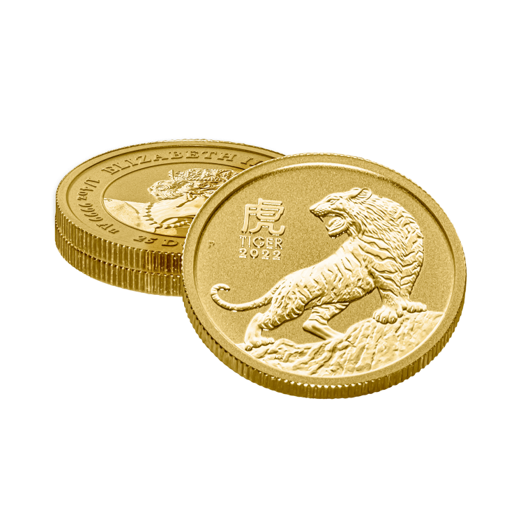1/4 troy ounce gouden Lunar munt Year of the Tiger 2022 perspectief 3