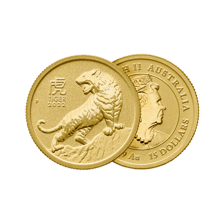 1/10 troy ounce gouden munt Lunar Year of the Tiger 2022 perspectief 1
