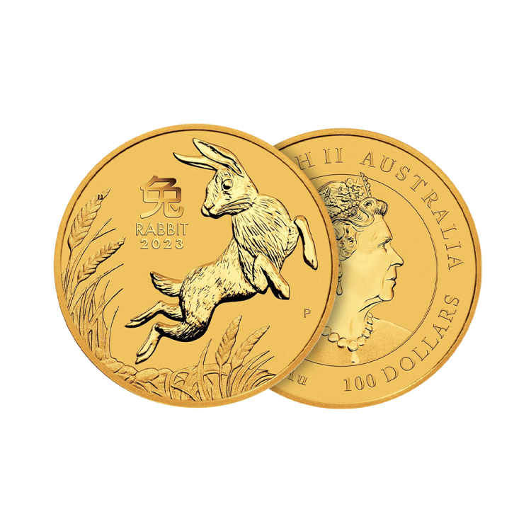 1 troy ounce gouden munt Lunar Year of the Rabbit 2023 perspectief 1