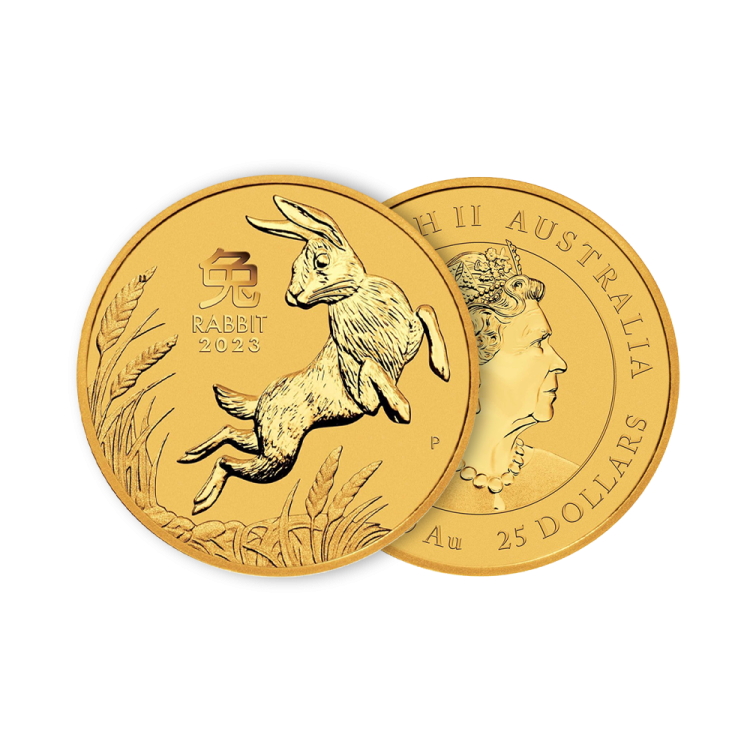 1/4 troy ounce gouden Lunar munt Year of the Rabbit 2023 perspectief 1