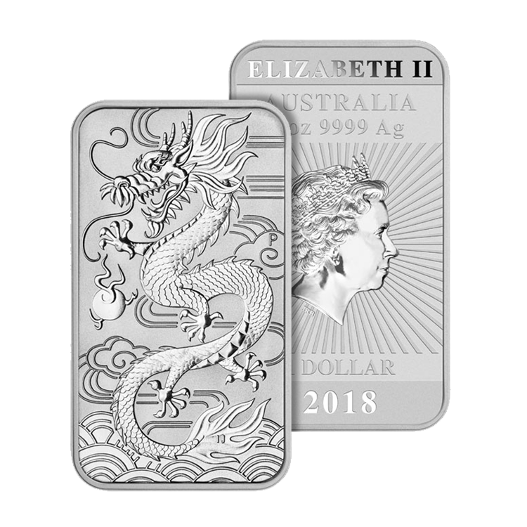 1 troy ounce zilveren muntbaar Rectangular Dragon 2018 perspectief 1