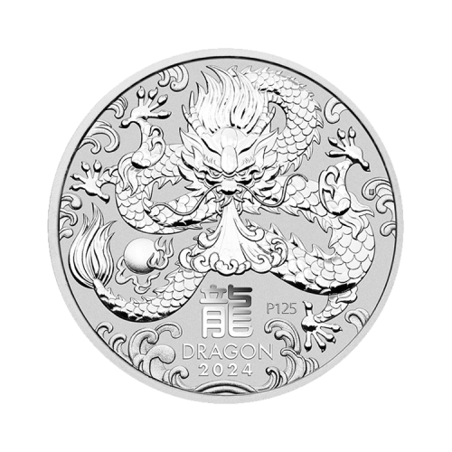 2 troy ounce zilveren Lunar munt Year of the Dragon 2024 voorkant