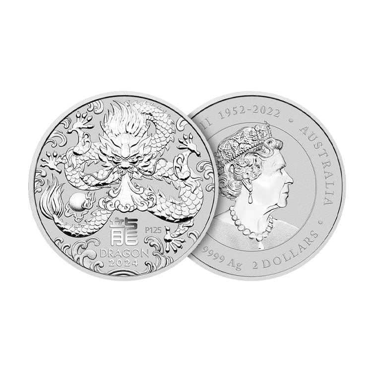 2 troy ounce zilveren Lunar munt Year of the Dragon 2024 perspectief 1