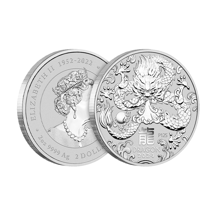 2 troy ounce zilveren Lunar munt Year of the Dragon 2024 perspectief 2