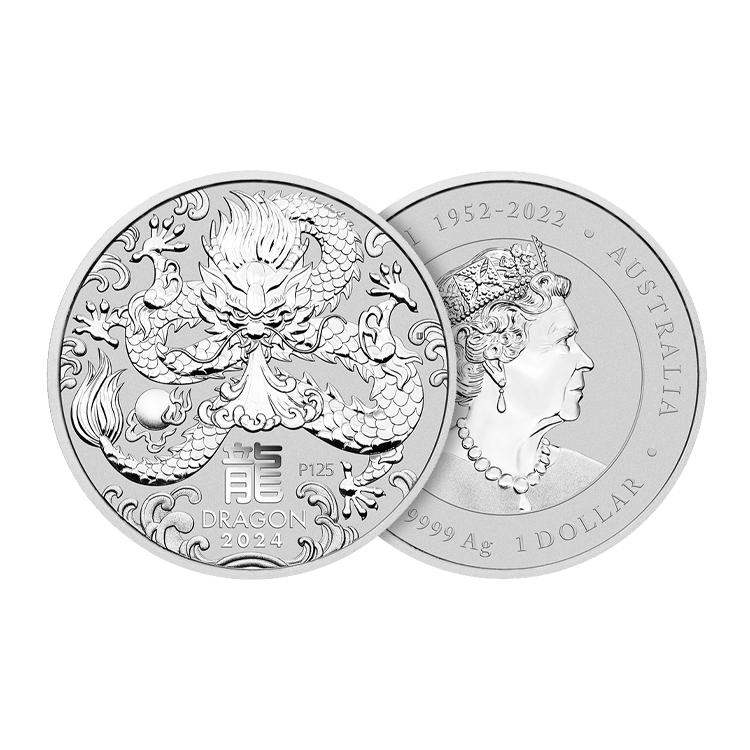 1 troy ounce zilveren Lunar munt Year of the Dragon 2024 perspectief 1