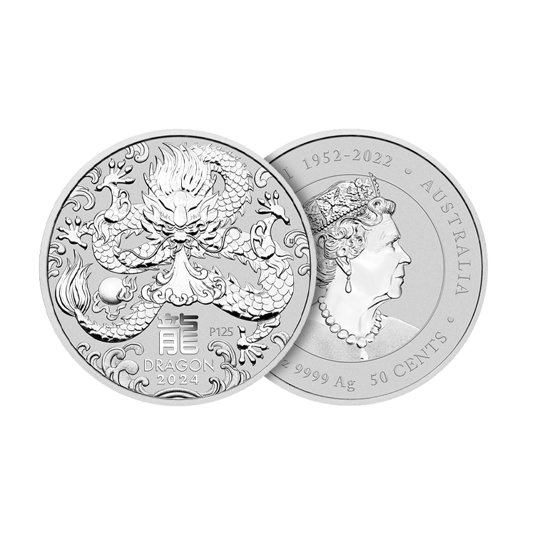 1/2 troy ounce zilveren Lunar munt Year of the Dragon 2024 perspectief 1