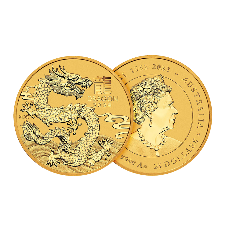 1/4 troy ounce gouden Lunar munt Year of the Dragon 2024 perspectief 1