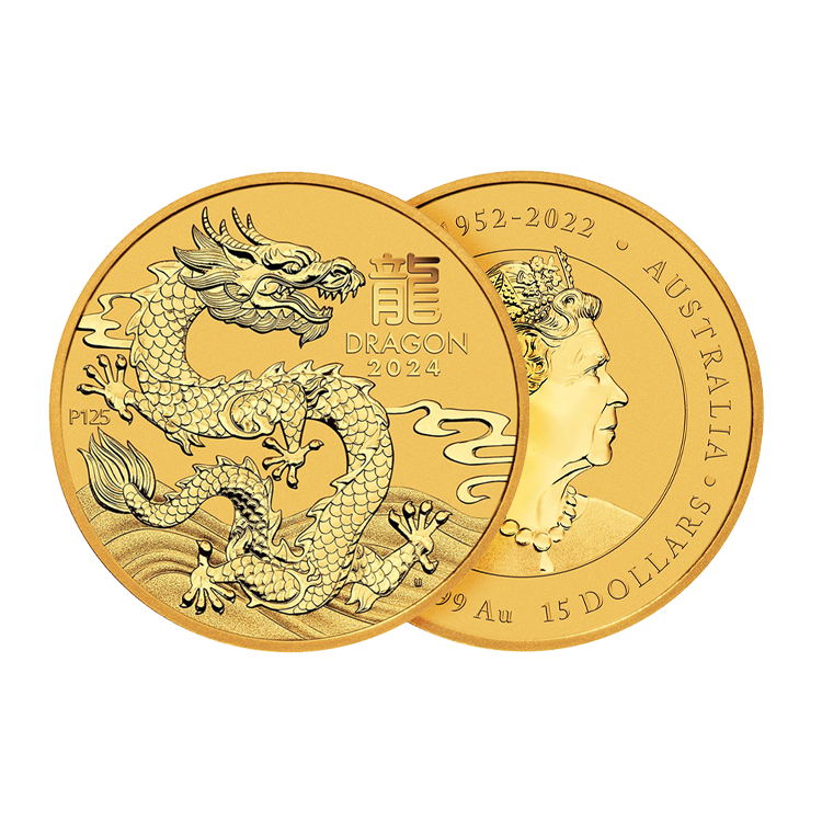 1/10 troy ounce gouden munt Lunar 2024 Year of the Dragon perspectief 1