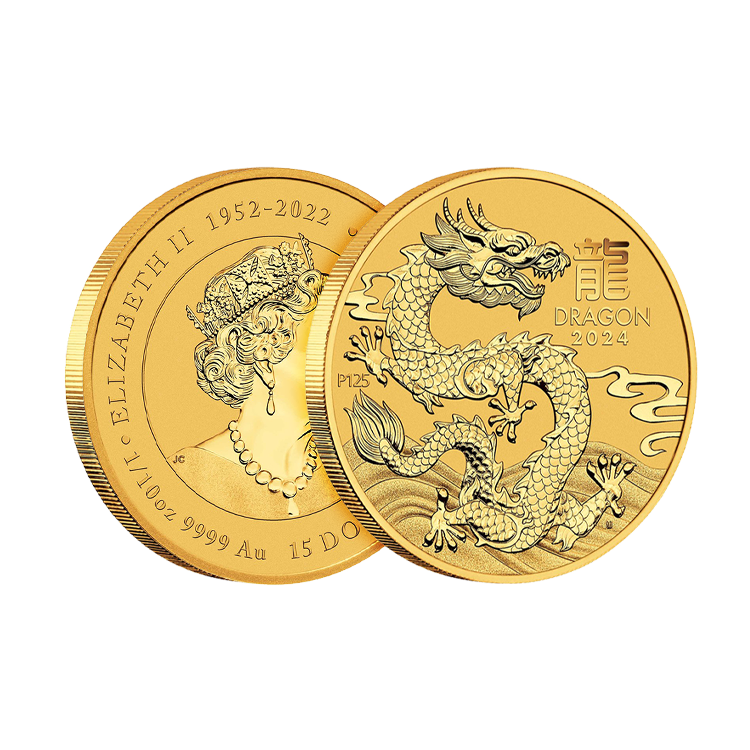 1/10 troy ounce gouden munt Lunar 2024 Year of the Dragon perspectief 2