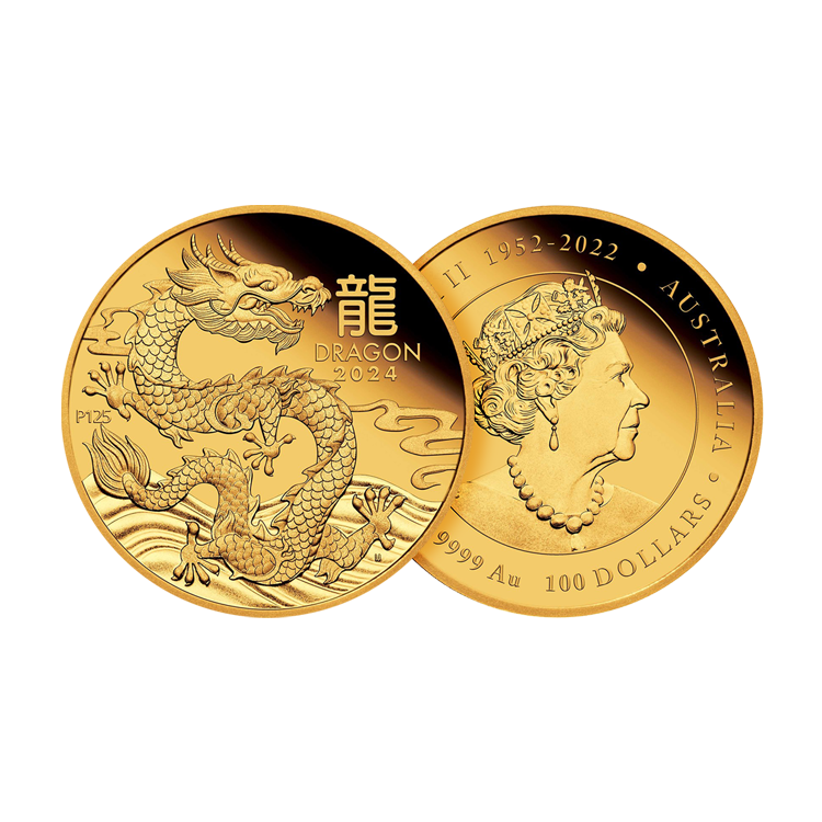 1 troy ounce gold coin Lunar Year of the Dragon 2024 Proof angle 1