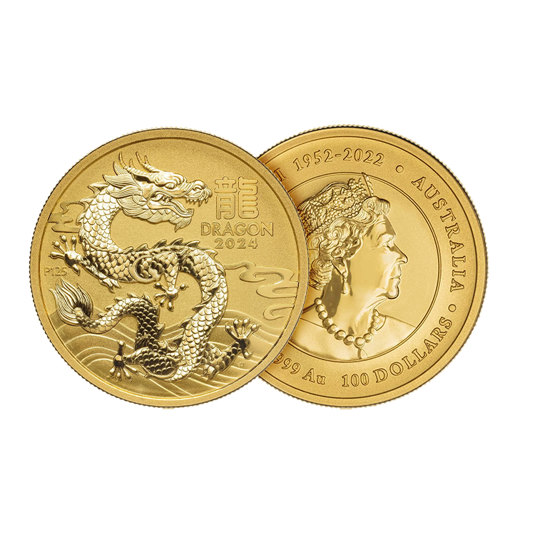 1 troy ounce gouden Lunar munt Year of the Dragon 2024 perspectief 1