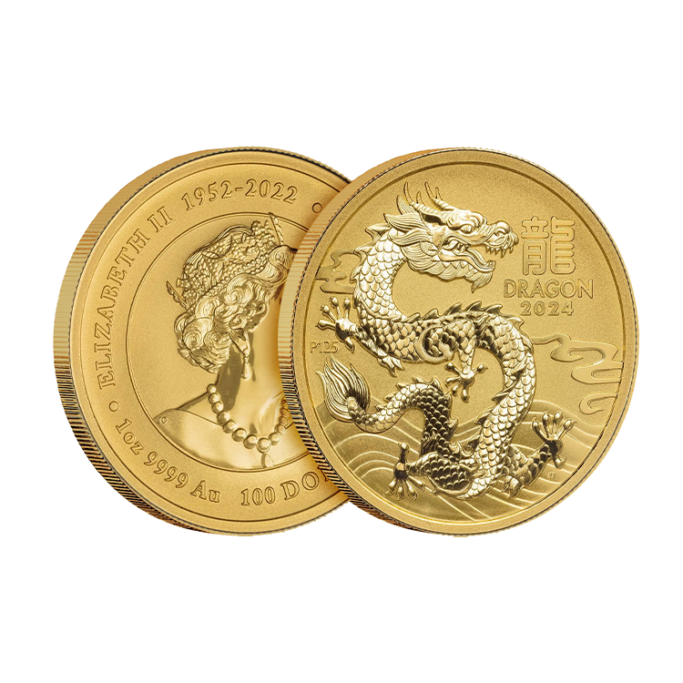 1 troy ounce gouden Lunar munt Year of the Dragon 2024 perspectief 2