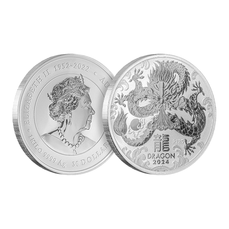 1 kilo zilveren Lunar munt Year of the Dragon 2024 perspectief 1
