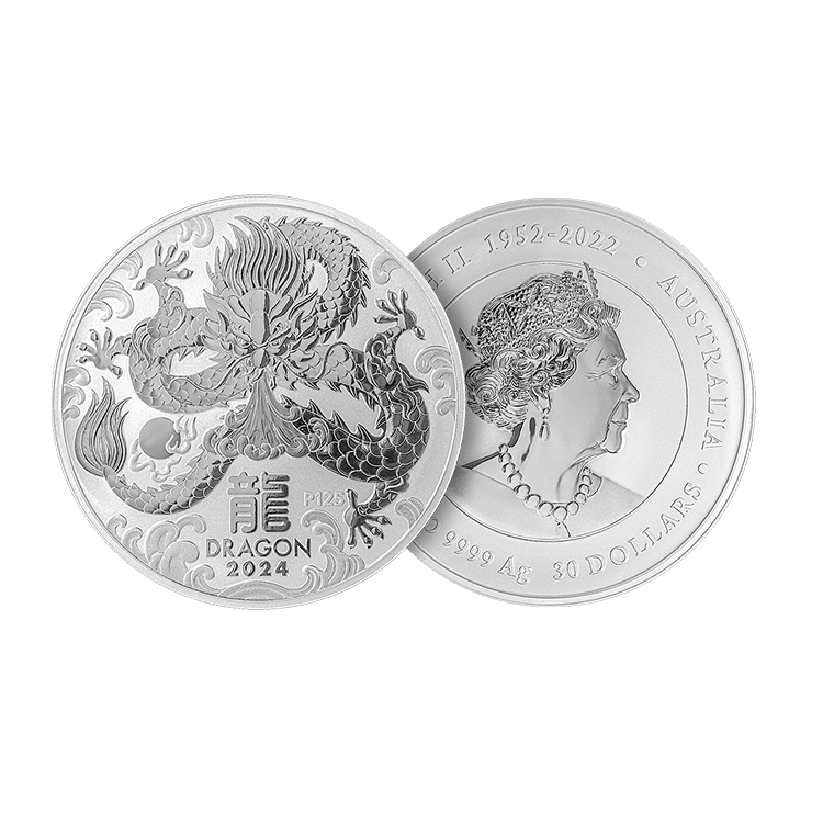 1 kilo zilveren Lunar munt Year of the Dragon 2024 perspectief 2