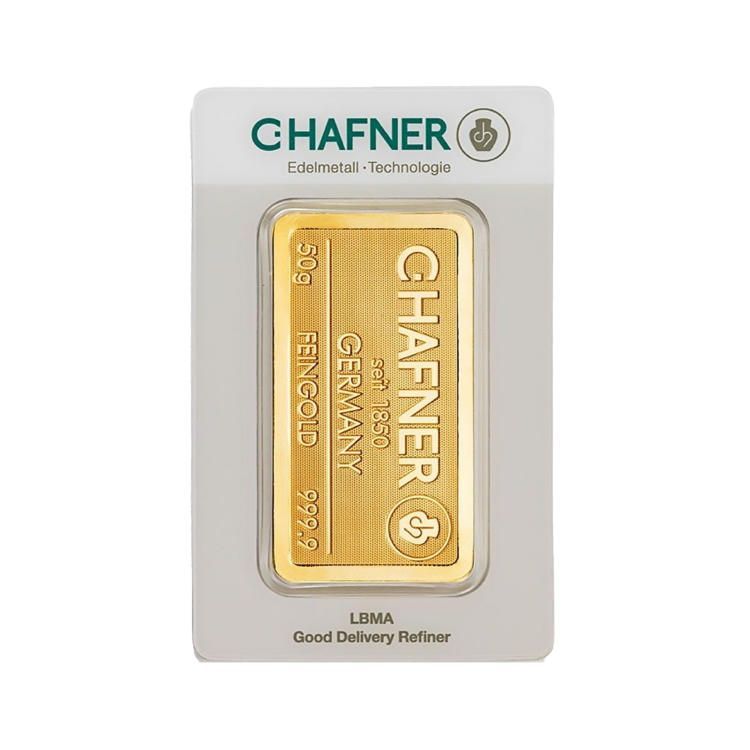 Blisterverpakking C. Hafner 50 gram goudbaar