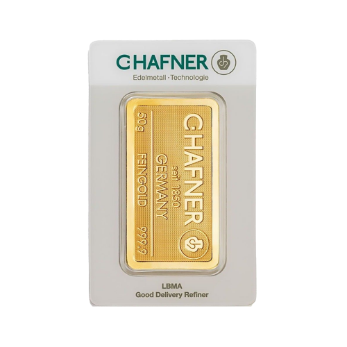 Blisterverpakking C. Hafner 50 gram goudbaar