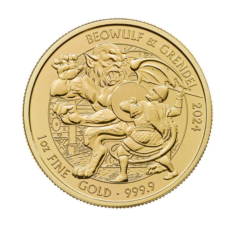 1 troy ounce gouden Beowulf &amp; Grendel 2024 munt voorkant