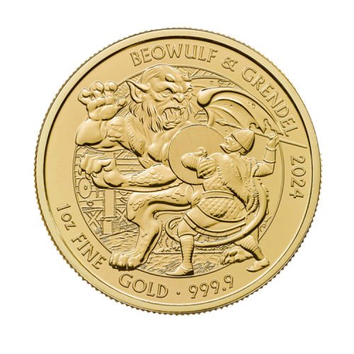 1 troy ounce gouden Beowulf &amp; Grendel 2024 munt voorkant